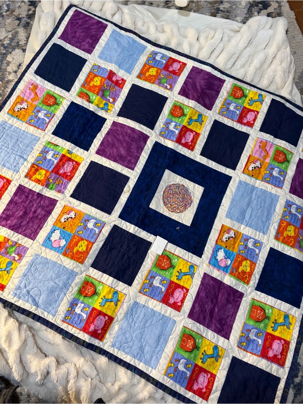Handmade Patchwork Baby Quilt - Purple & Navy